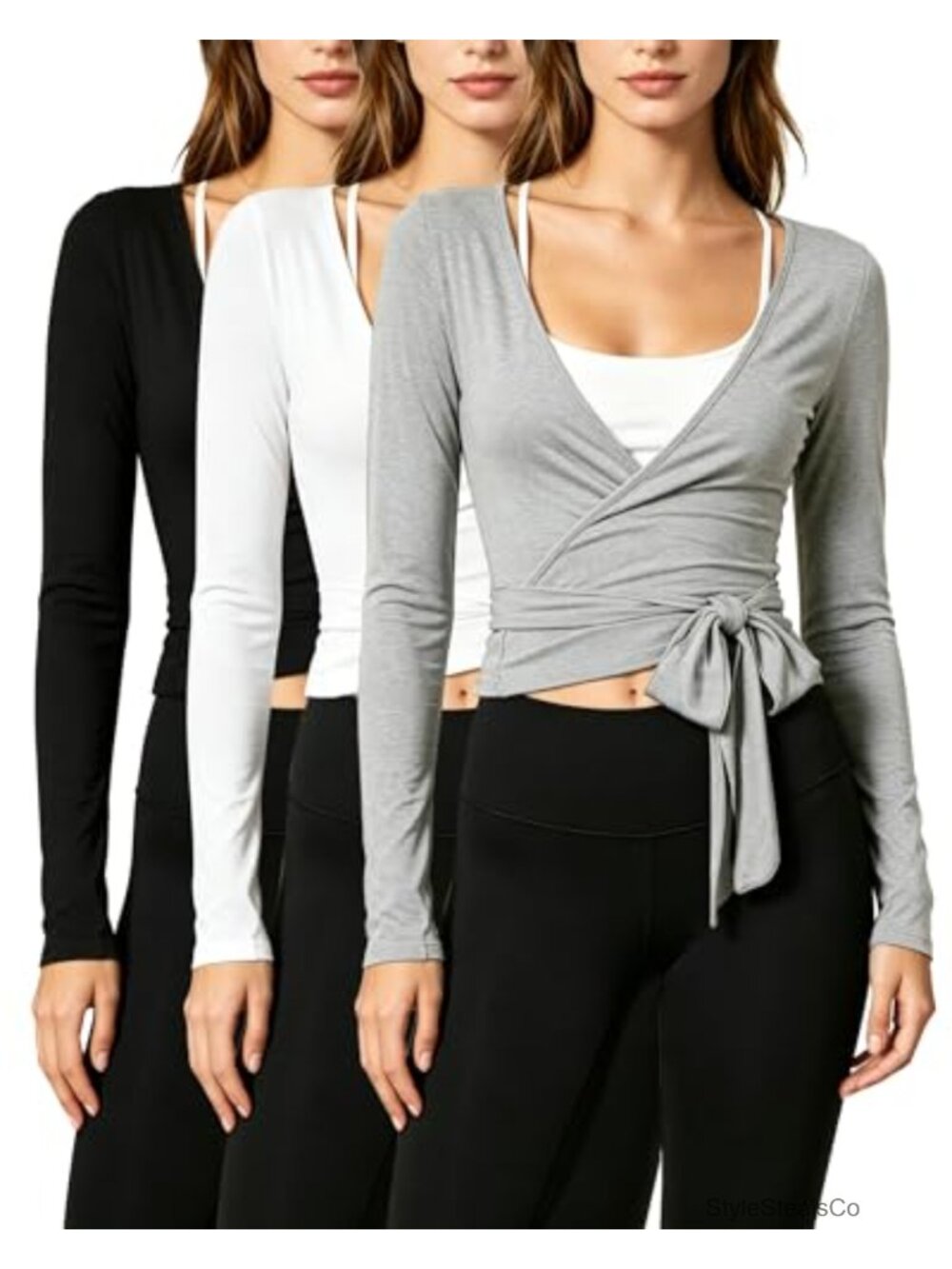 Women's Modal Tie Wrap Ballet Top Long Sleeve Ballet Pilates Workout Shirt 3